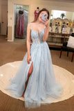 a line pink lace appliques prom dresses shiny slit long graduation gown