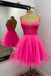 A-line Hot Pink Corset Tulle Homecoming Dress, Sweetheart Short Prom Dress GM699