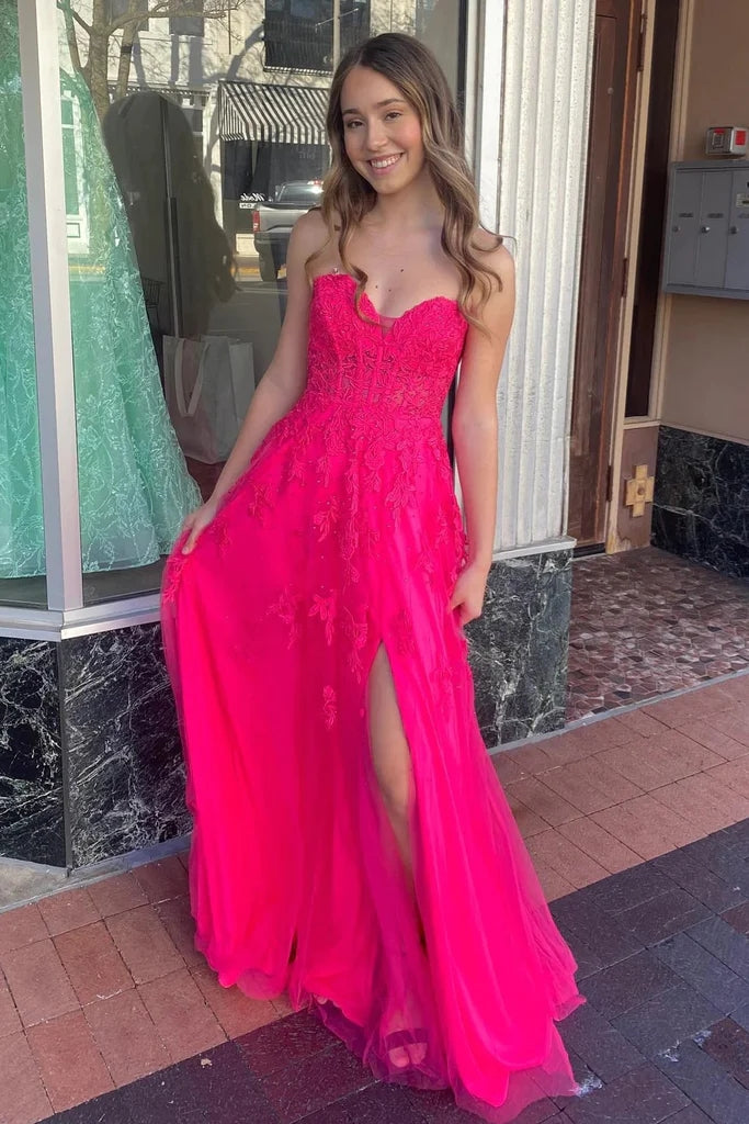 a line hot pink sweetheart lace appliques tulle long prom dresses