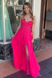 a line hot pink sweetheart lace appliques tulle long prom dresses