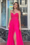 a line hot pink sweetheart lace appliques tulle long prom dresses