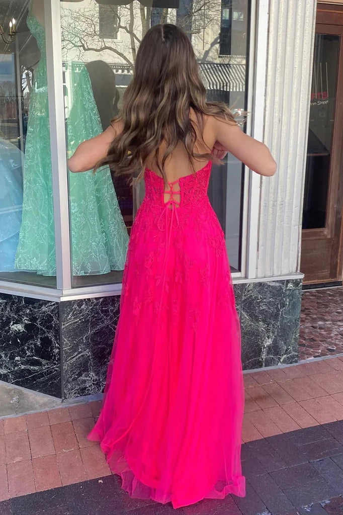 a line hot pink sweetheart lace appliques tulle long prom dresses