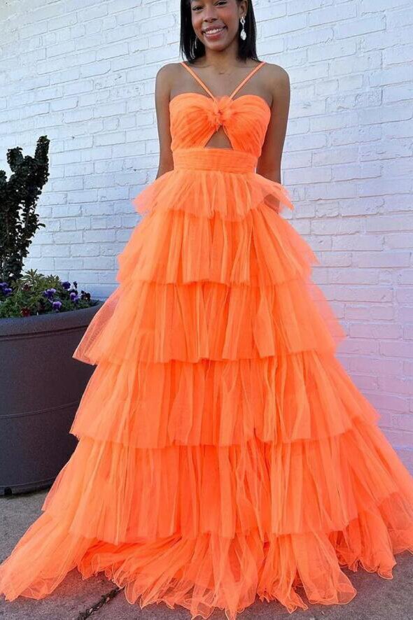 a line orange flower keyhole tiered tulle prom dresses backless formal gown