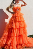 a line orange flower keyhole tiered tulle prom dresses backless formal gown