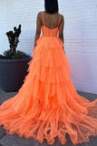 a line orange flower keyhole tiered tulle prom dresses backless formal gown