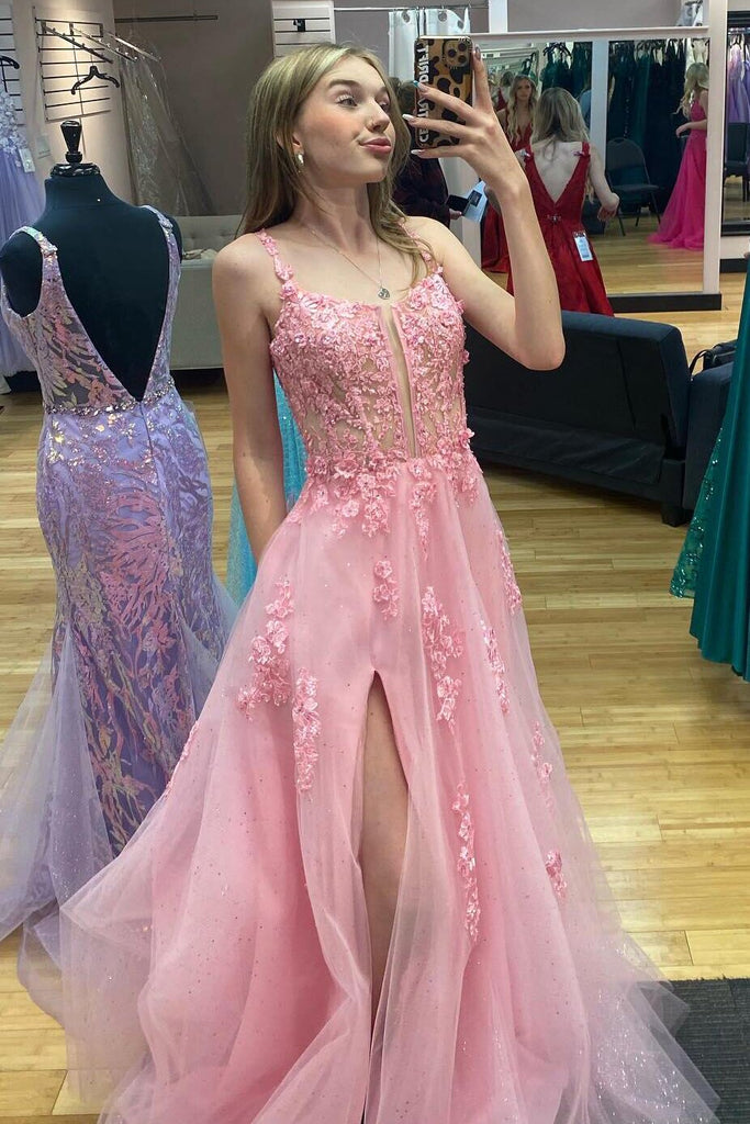 a line pink lace appliques prom dresses shiny slit long graduation gown