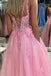a line pink lace appliques prom dresses shiny slit long graduation gown