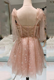A-line Pink Starry Tulle Short Prom Dresses, Tie Straps Homecoming Dresses GM673