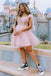 a line pink starry tulle short prom dresses tie straps homecoming dresses