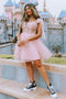 A-line Pink Starry Tulle Short Prom Dresses, Tie Straps Homecoming Dresses GM673