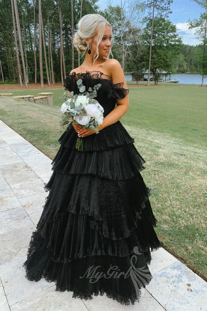 a line ruffles black tulle long prom dresses layered formal gown