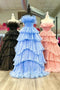 A-line Ruffles Black Tulle Long Prom Dresses, Layered Formal Gown GP518