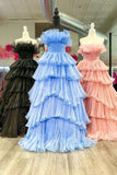 A-line Ruffles Black Tulle Long Prom Dresses, Layered Formal Gown GP518