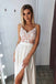 A-line Spaghetti Ivory Lace Chiffon Long Prom Evening Dresses With Slit MP306