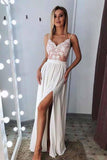 A-line Spaghetti Ivory Lace Chiffon Long Prom Evening Dresses With Slit MP306