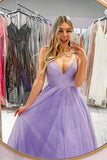 a line sparkly lavender tulle long prom dress backless formal gown