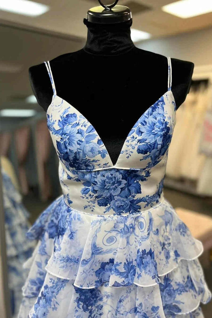 A-line Straps Blue Floral Print Prom Dresses, Layered Slit Graduation Gown GP695
