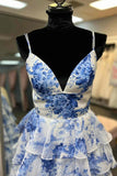 A-line Straps Blue Floral Print Prom Dresses, Layered Slit Graduation Gown GP695