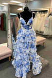 A-line Straps Blue Floral Print Prom Dresses, Layered Slit Graduation Gown GP695