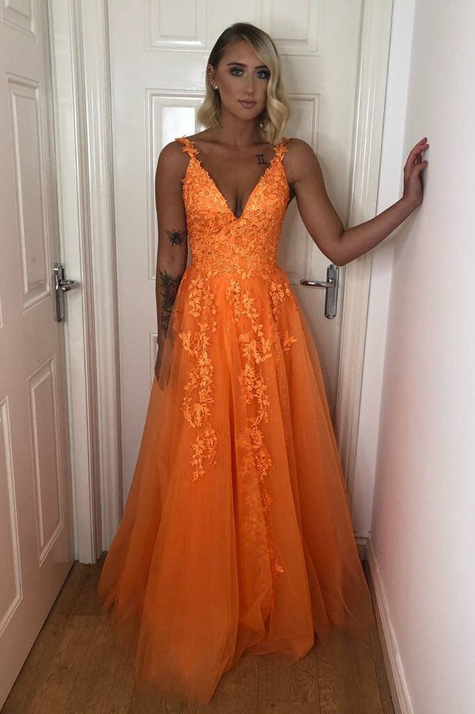 a line v neck lace appliques formal dresses orange prom dresses