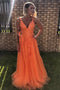 A Line V Neck Lace Appliques Formal Dresses Orange Prom Dresses GP528