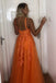 a line v neck lace appliques formal dresses orange prom dresses