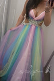 A Line V Neck Ombre Long Prom Dress Beading Rainbow Evening Gowns GP794