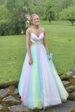 A Line V Neck Ombre Long Prom Dress Beading Rainbow Evening Gowns GP794