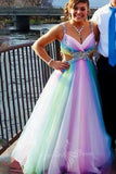 A Line V Neck Ombre Long Prom Dress Beading Rainbow Evening Gowns GP794