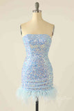 Baby Blue Iridescent Sequins Tight Homecoming Dress with Feather GM611