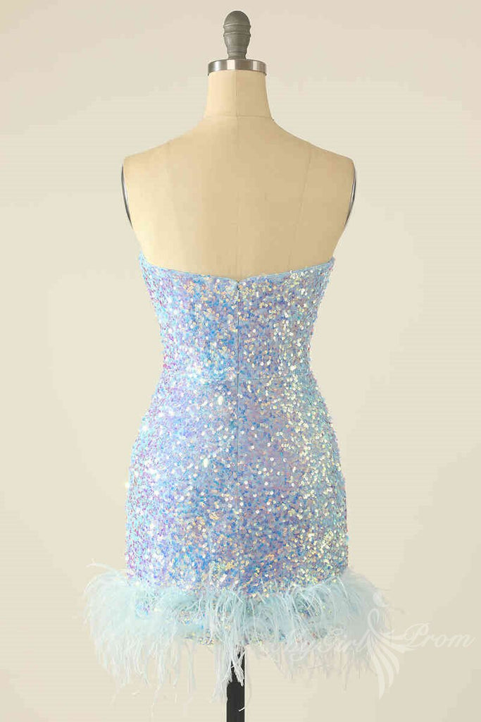 baby blue iridescent sequins tight homecoming dress with feather