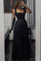 Shiny Black A line Tie-Straps Sleeveless Long Tulle Prom Formal Dress GP671