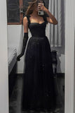 Shiny Black A line Tie-Straps Sleeveless Long Tulle Prom Formal Dress GP671