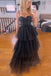 Black Corset Tulle A-line Long Prom Dress Tiered Formal Gown GP656