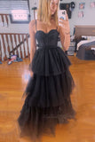 Black Corset Tulle A-line Long Prom Dress Tiered Formal Gown GP656