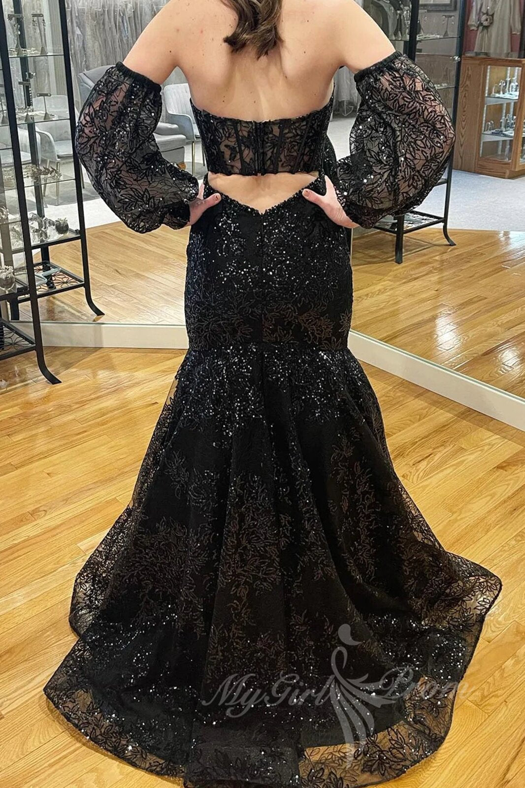 Black Lace Mermaid Prom Dresses With Puff Sleeves, Sweetheart Formal Dresses GP515