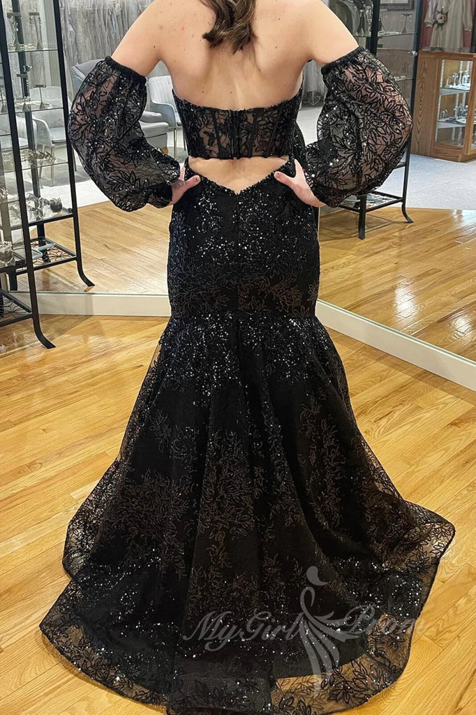 black lace mermaid prom dresses with puff sleeves sweetheart formal dresses