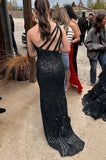 Black Sequin One Shoulder Mermaid Prom Dresses Slit Long Formal Gown GP791