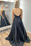 Black Strapless A-Line Satin Long Prom Dress, Simple Formal Gown GP652