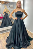 Black Strapless A-Line Satin Long Prom Dress, Simple Formal Gown GP652
