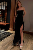 Black Strapless Mermaid Long Prom Dress Ruffle Slit Evening Dresses GP793