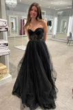 Black Sweetheart Tulle Lace Long Prom Dresses, Black Formal Evening Dresses GP830