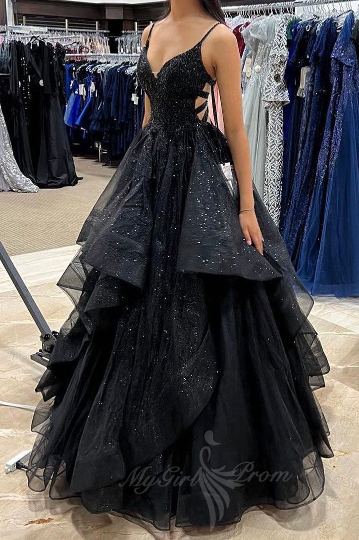 Black Tulle A Line Sequin Long Prom Dress Glitter Graduation Evening D MyGirlProm.com Black Tulle A Line Sequin Long Prom Dress Glitter Graduation Evening D MyGirlProm.com