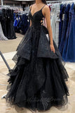 Black Tulle A Line Sequin Long Prom Dress Glitter Graduation Evening Dresses GP824
