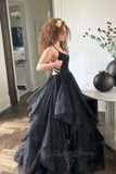 Black Tulle A Line Sequin Long Prom Dress Glitter Graduation Evening Dresses GP824