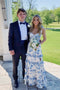 Blue Floral Print Tie Straps Long Prom Dresses Preppy Graduation Gown With Split GP645