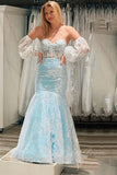 Black Lace Mermaid Prom Dresses With Puff Sleeves, Sweetheart Formal Dresses GP515