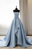 Blue Strapless Satin A-line Long Prom Dress Bowknot Formal Ball Gown GP809
