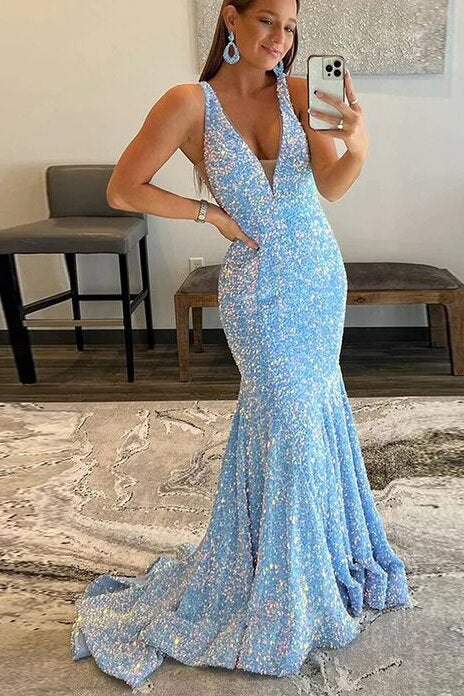 Sequined Deep V Neck Mermaid Prom Dress, Glitter Formal Gown GP693