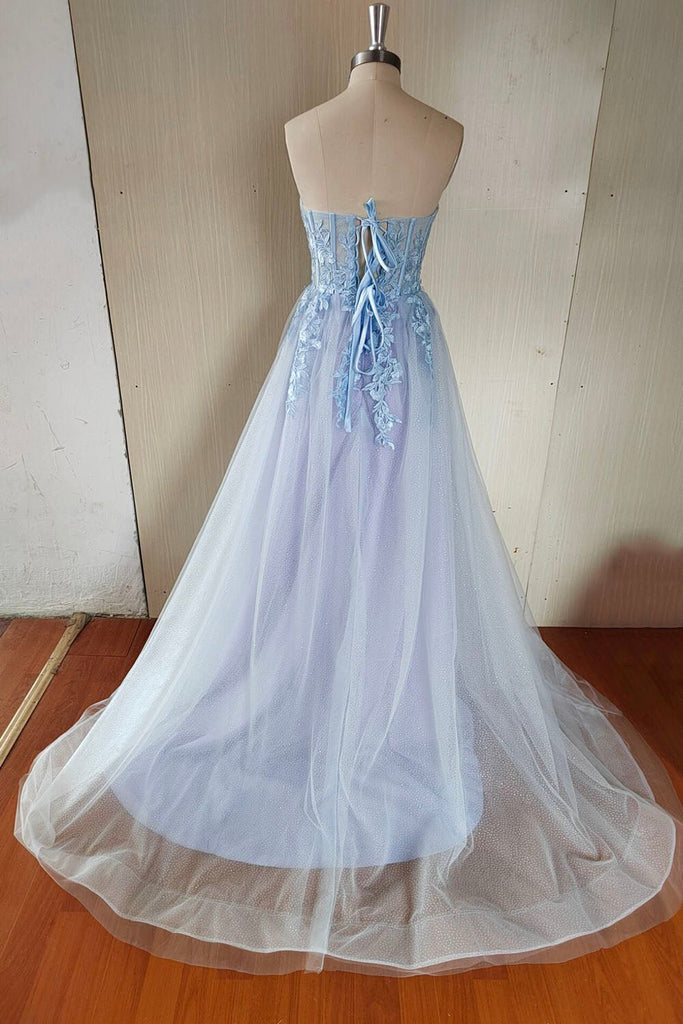 Blue Sweetheart Lace Tulle Long A-Line Prom Dress, Shiny Slit Party Dress GP706